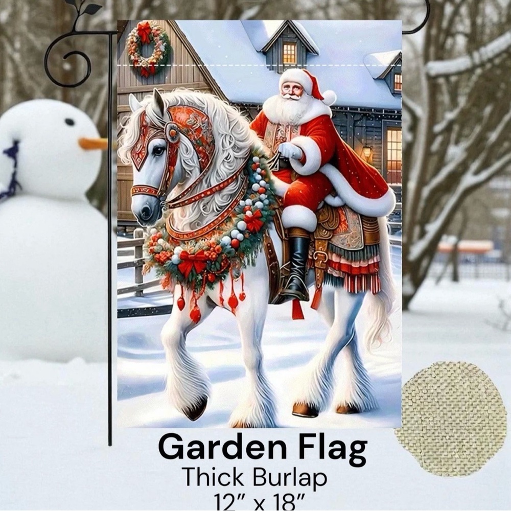Garden Flag,12”x18”,Santa On Horse, Thick Burlap Polyester Doublesided